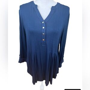 🔥🔥Wonderly Top Womens L Popover Navy Blue3/4 Sleeve Pleated V Neck Stretch NWT
